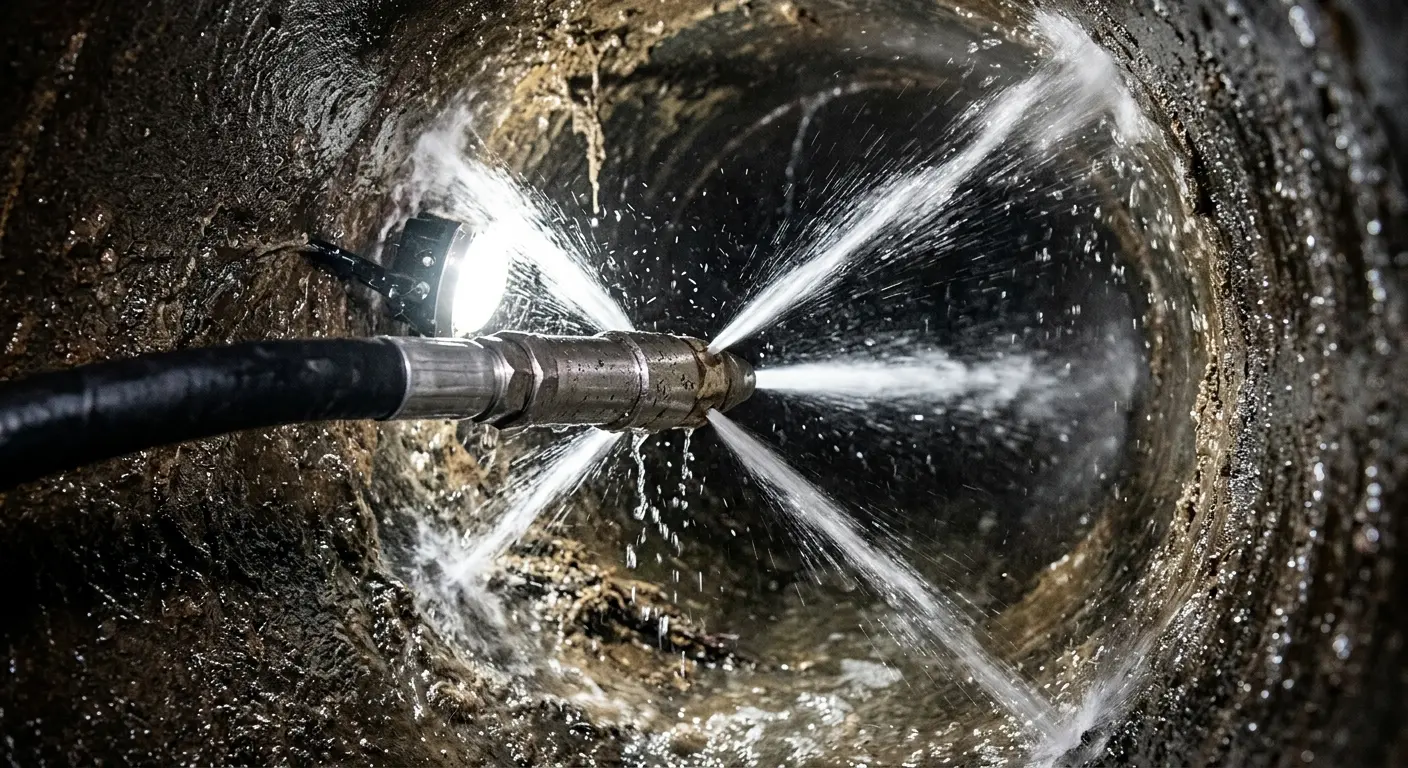 High-pressure hydro jetting nozzle cleaning sewer pipe for Trenchless Sewer Repair in Fredericksburg