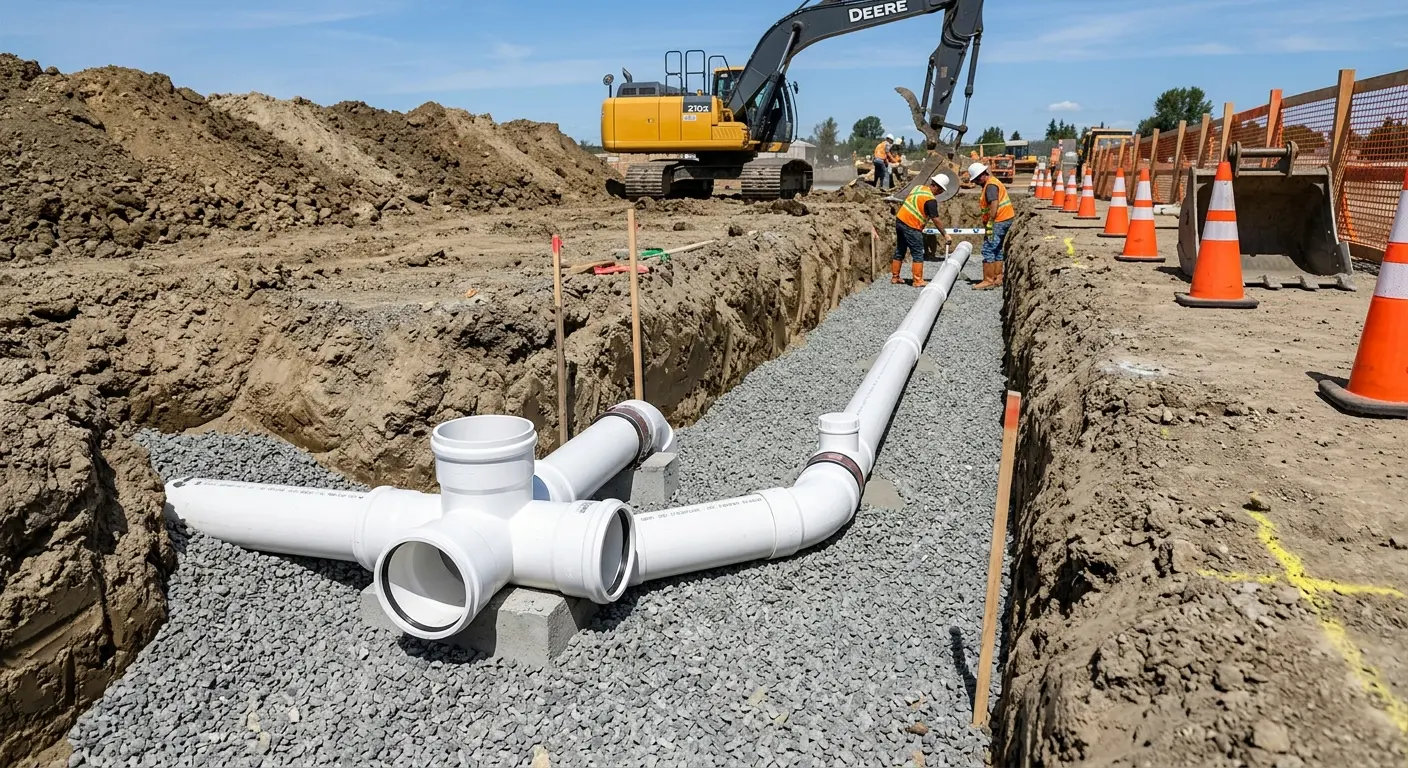 New PVC sewer pipe installation in open trench for Sewer Backup in Fredericksburg