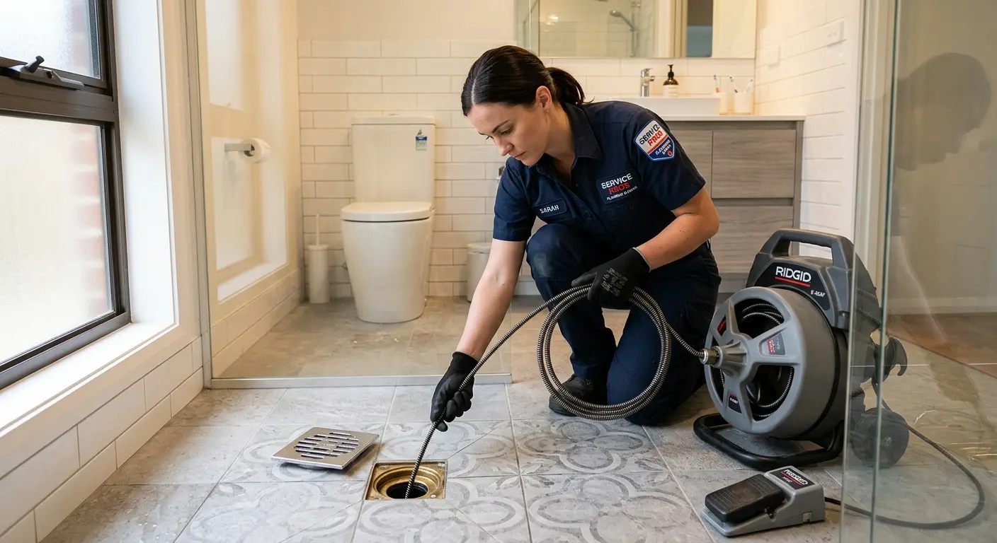Technician clearing a bathroom floor drain for Sewer Line Replacement in Fredericksburg